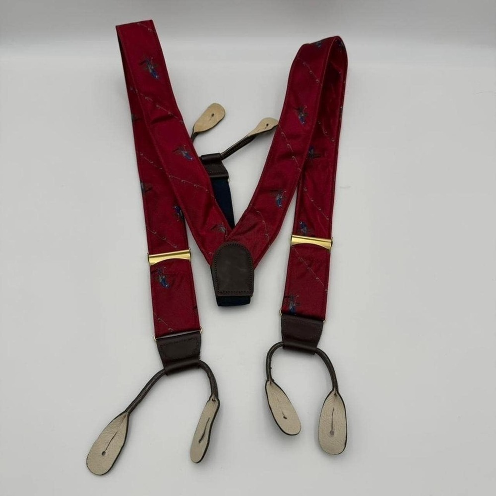Vintage golf suspenders men's novelty golfer button braces red leather tabs